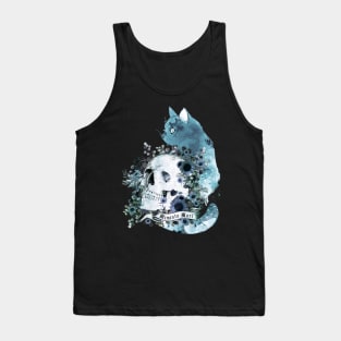 Blue cat and botanic Skull with flowers, memento mori, cat skull, witch, goth, watercolor Tank Top